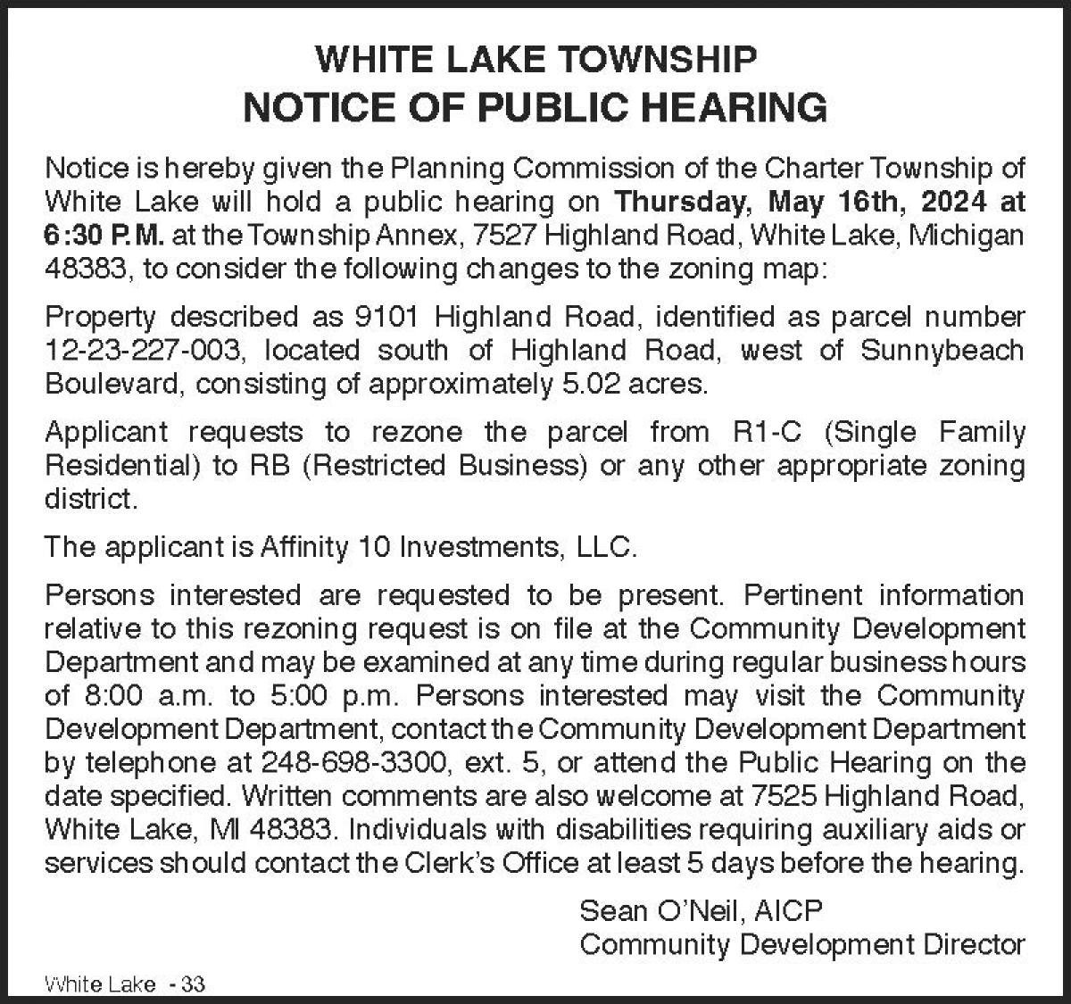 9101 HIGHLAND ROAD REZONING FROM R1-C RESIDENTIAL TO RB RESTRICTED BUSINESS