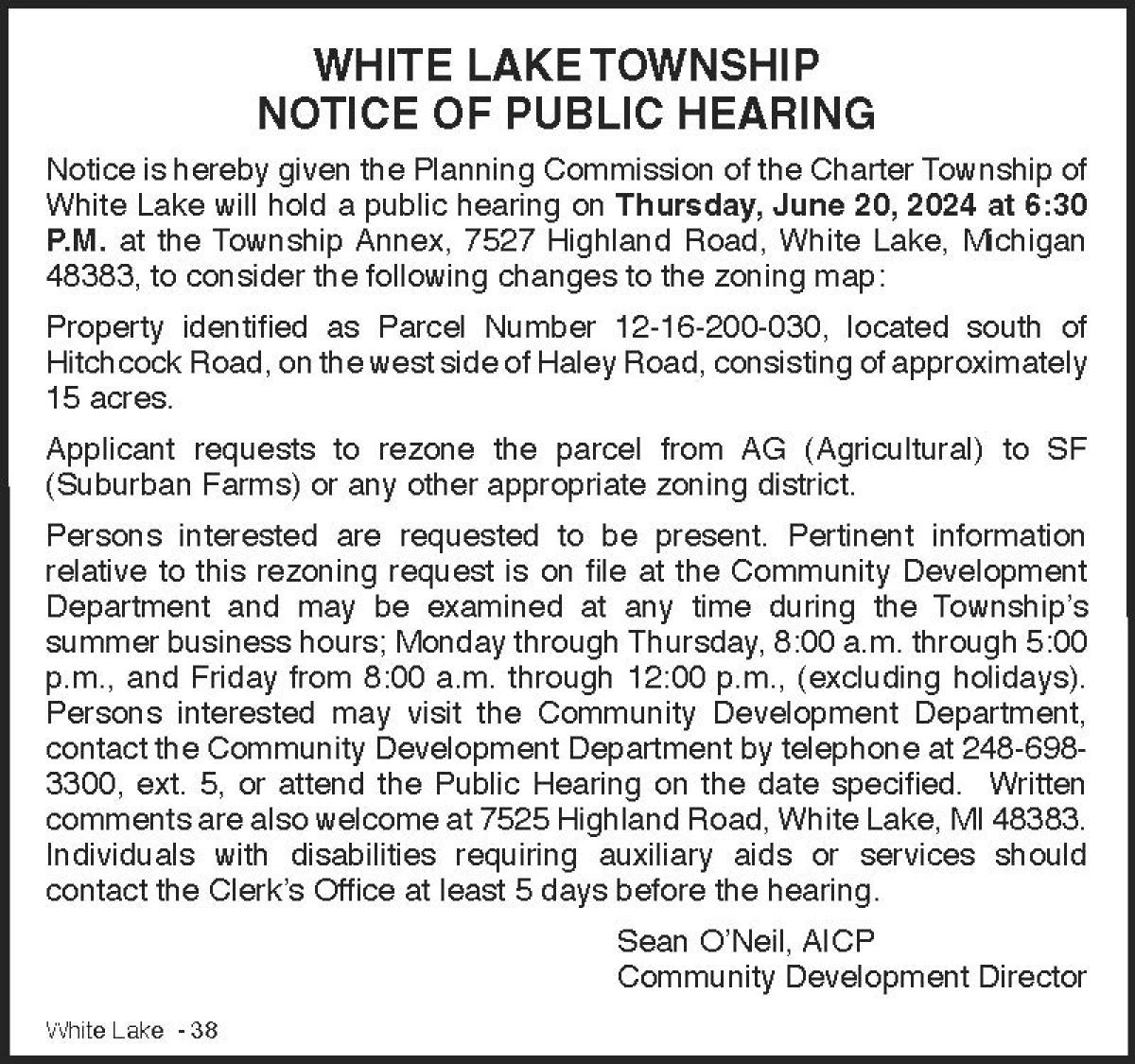 Public hearing notice to rezone vacant parcel 12-16-200-020