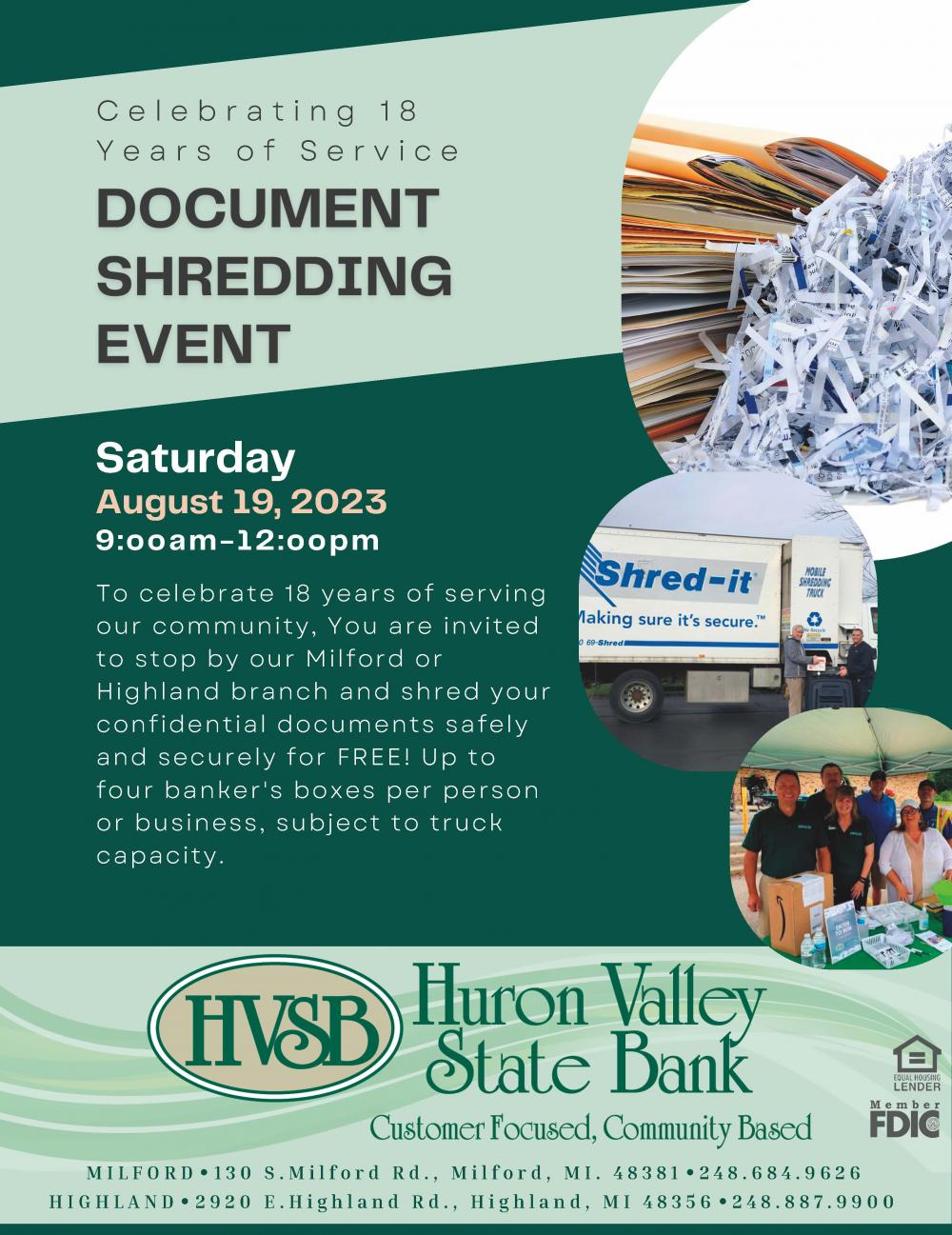 Huron Valley State Bank Shred Event August 19 from 9 AM to Noon Click